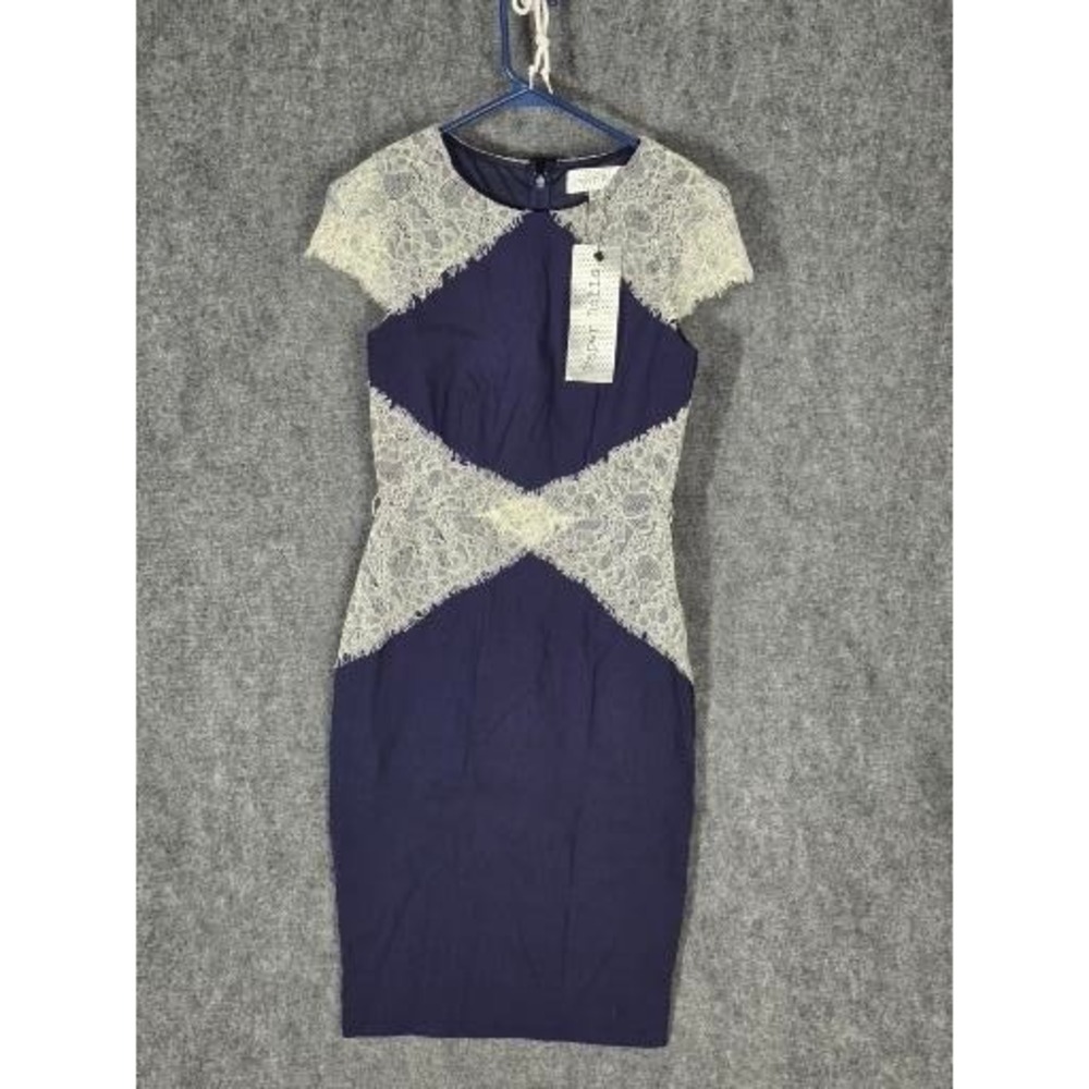 Paper Dolls Navy Blue White Lace Sheath Dress Cap Sleeve US 6 Wedding Party Work